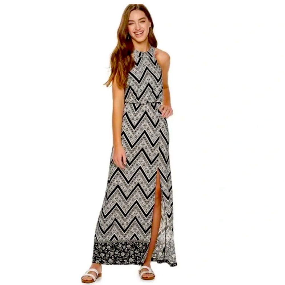 Three Pink Hearts long slinky sleeveless maxi dress XL high neck black white